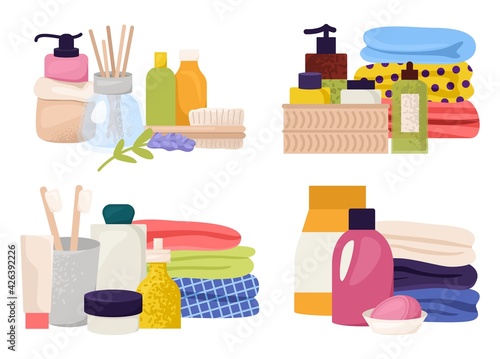 Bathroom accessories close-up, bottles with shampoo, personal care cosmetics, vector illustration. Body care liquid, soft fresh towels.