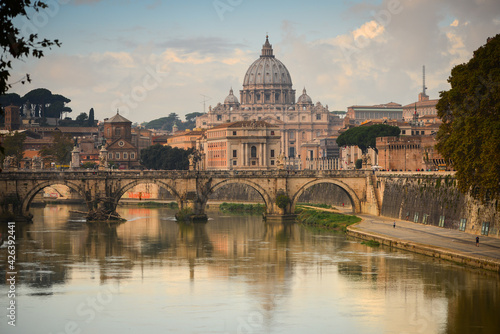 View of St. Peter's Basilica, Vatican City, Holy See, from a bridge over the Tiber river, Rome, Italy