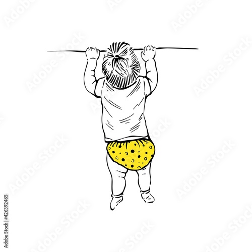 Toddler standing up in the diaper. Back view. Hand drawn vector illustration in sketch style. 