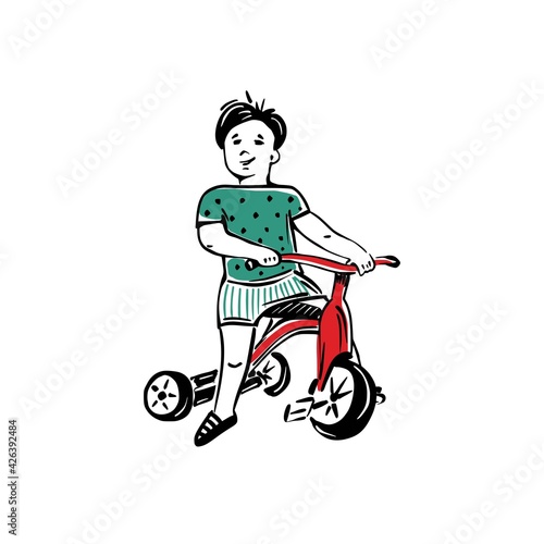 Adorable smiling little boy sitting on red tricycle. Kids outdoor activity. Hand drawn vector illustration in sketch style.