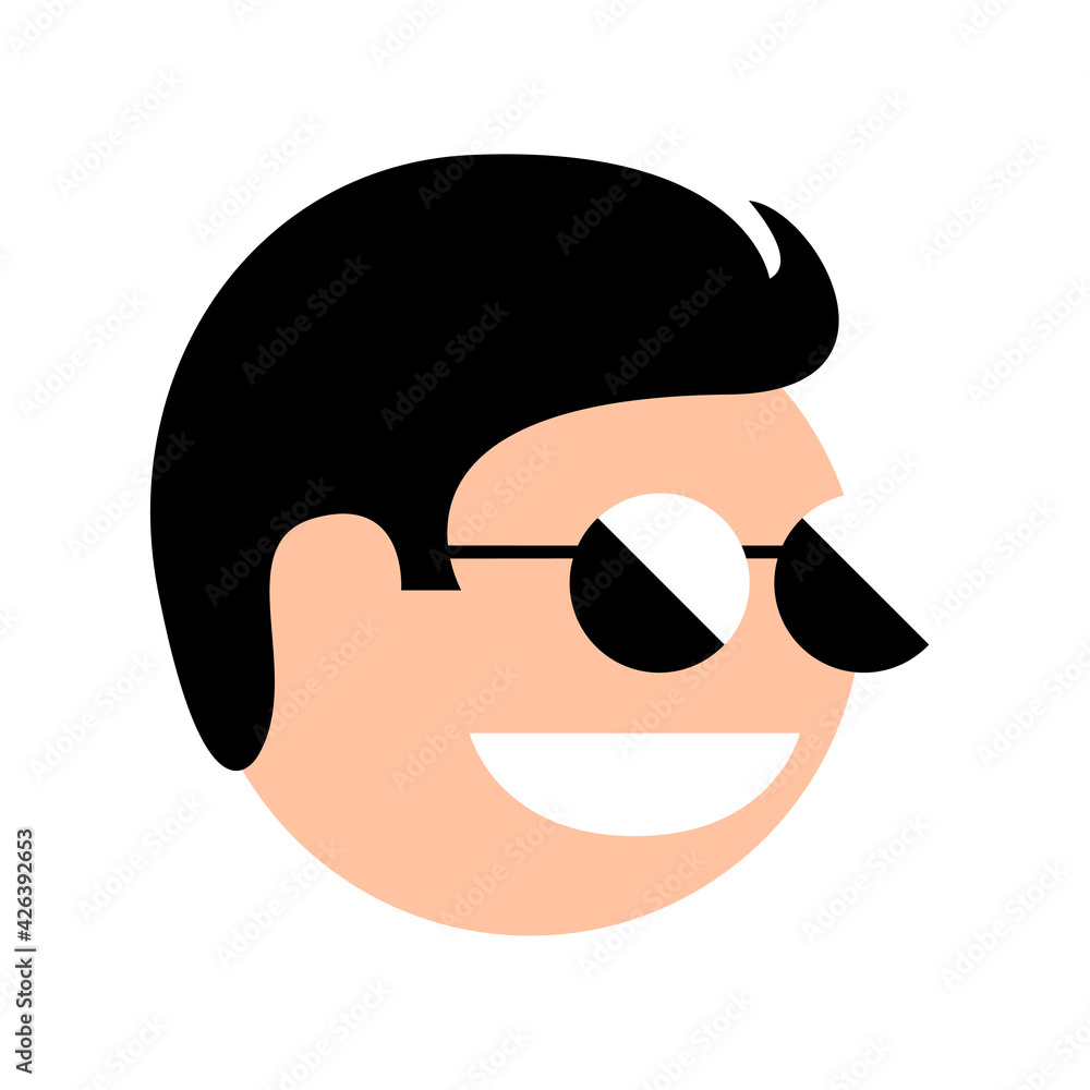 Icon of a man head wearing sunglasses. A smile on my face. Vector illustration of a successful person. Icon of a man head wearing sunglasses. A smile on my face. Vector illustration of a successful person.