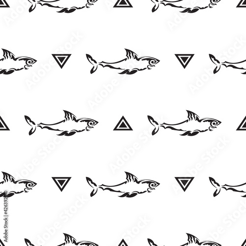 Seamless black and white pattern with sharks. Good for garments  textiles  backgrounds and prints. Vector illustration.