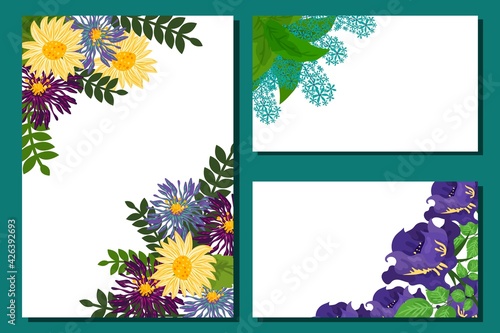 Botanical florist card decorated beautiful bright flowers, vector illustratio...