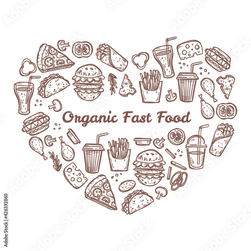 Heart-shaped doodle vector organic fast food collection