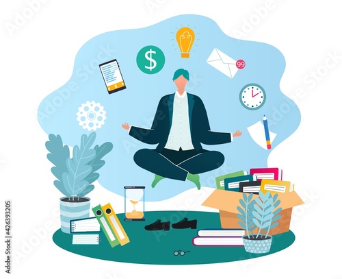 Workplace man in office with business paper work, pile folders, files, vector illustration. Workplace chaos, disorder. Employee overloaded.
