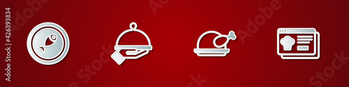 Set Served fish on a plate, Covered with tray of food, Roasted turkey or chicken and Online ordering and delivery icon. Vector