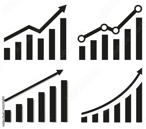 Collection of graphs with increase report. Diagram with rise and gain progress. Vector