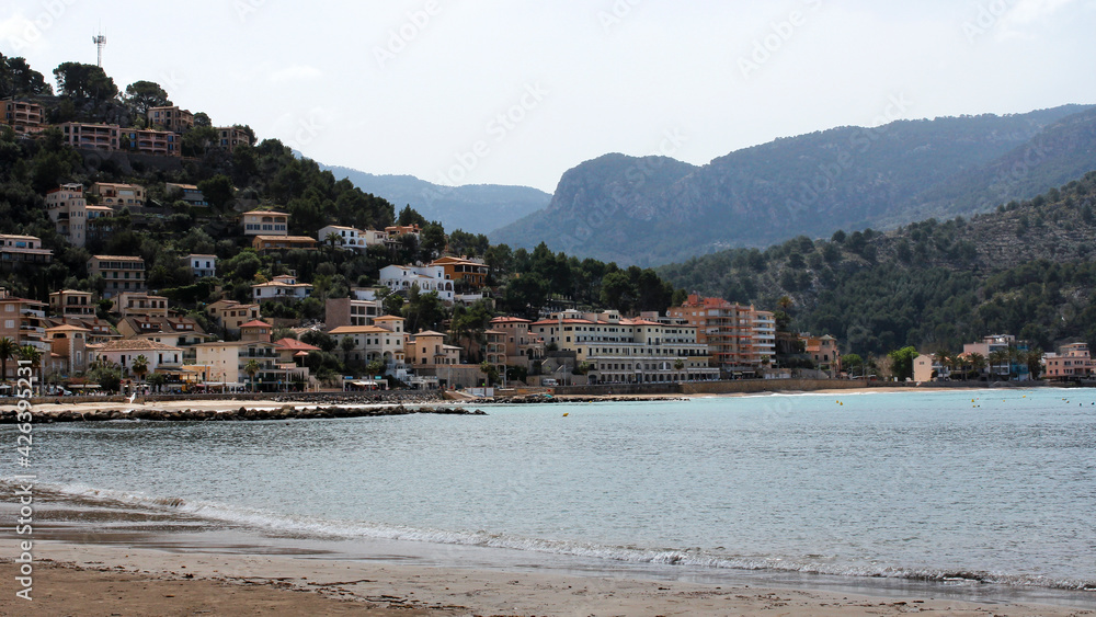 bay of Port de Soller, beautiful harbor town and very popular tourist resort in Mallorca, Spain