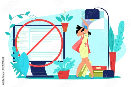 Digital detox, cartoon woman character leave computer technology, vector illustration. Break from internet addiction, digital device.