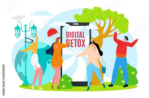 Digital detox concept, offline lifestyle, vector illustration. Man woman character disconnect with internet, mobile social media technology.