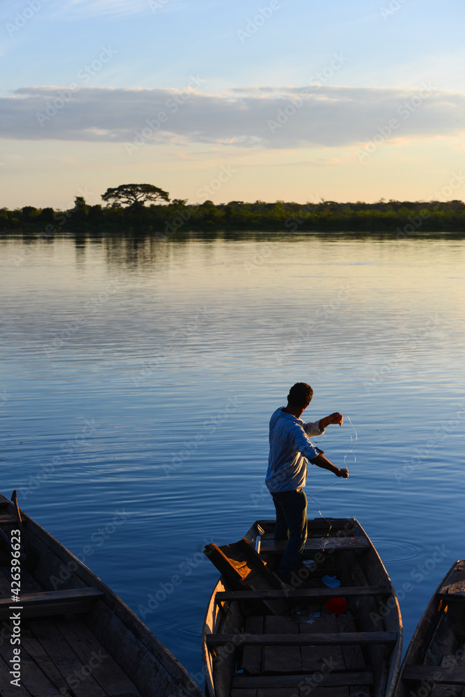 Fishing on the Guaporé - Itenez river during sundown, Forte Príncipe da Beira, Costa Marques, Rondônia, Brazil
