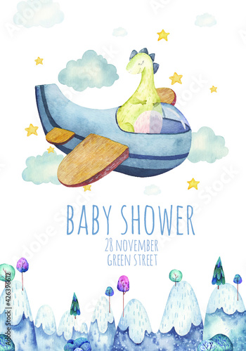 cute background, template for childrens party, baby shower with blue dinosaur on plane, childrens watercolor illustration on white background