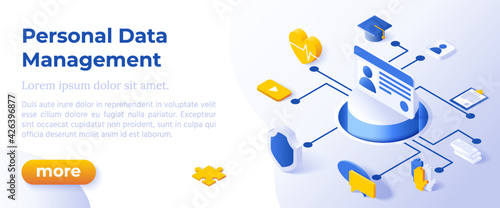 PERSONAL DATA MANAGEMENT - Isometric Design in Trendy Colors Isometrical Icons on Blue Background. Banner Layout Template for Website Development