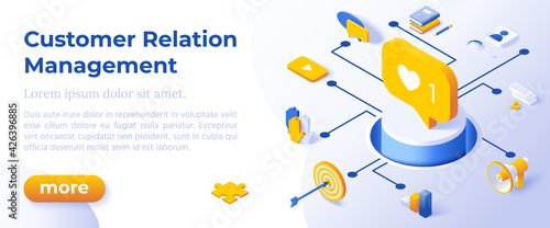 Customer Relation Management - Isometric Design in Trendy Colors Isometrical Icons on Blue Background. Banner Layout Template for Website Development