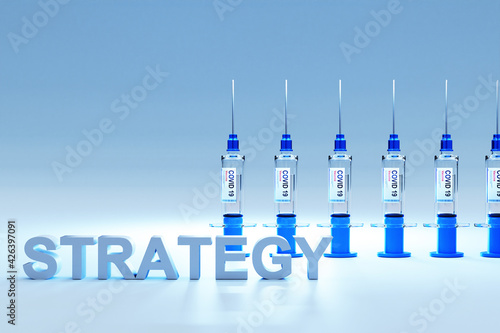 row of covid 19 sarsCov syringes with vaccine against pandemic; conceptual strategy; 3D Illustration photo