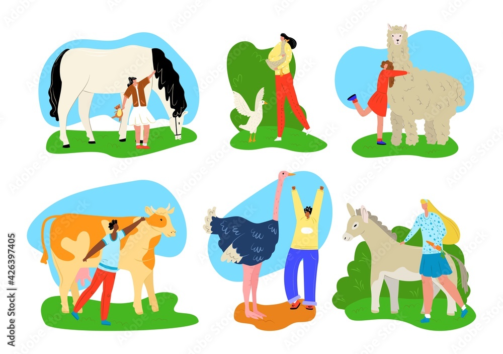 Fototapeta premium Farm animal and happy girl boy, set vector illustration. Cute child people character with domestic pet lama, ostrich, isolated on white collection.
