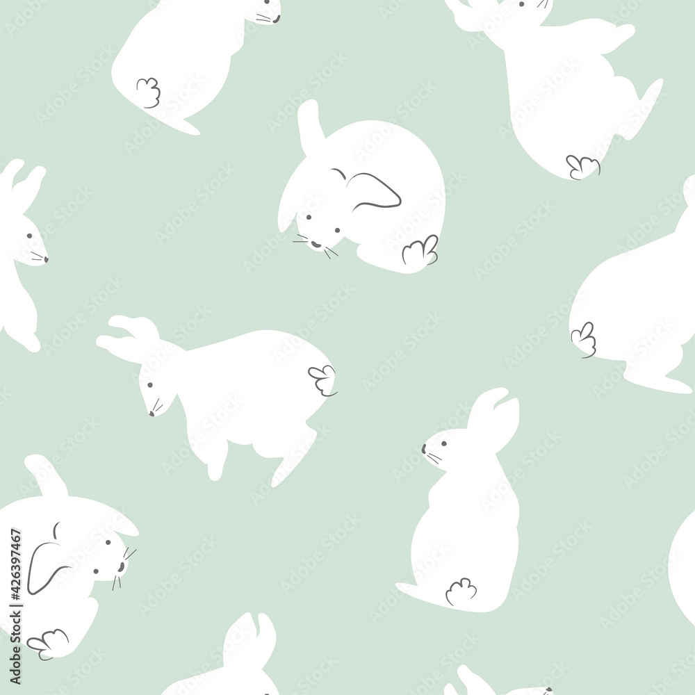 Fototapeta premium Seamless Pattern White Rabbits Blue Background Design Vector Illustration