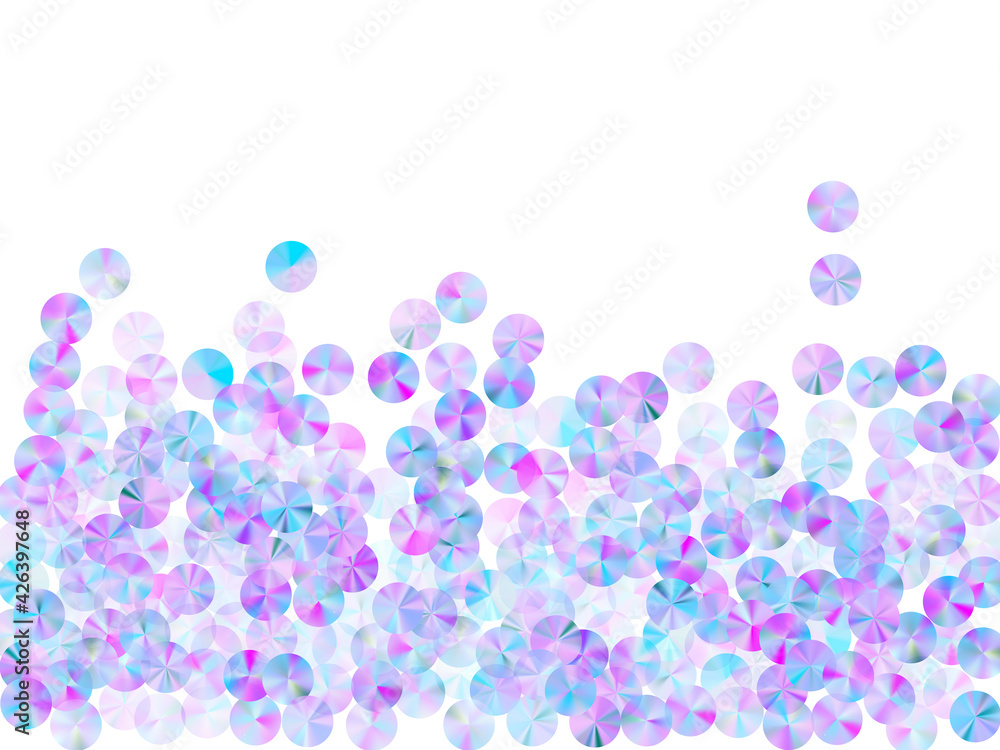 Purple sequins confetti scatter vector background. Round glossy bead particles holiday decor top view. New Year confetti placer shining pattern.