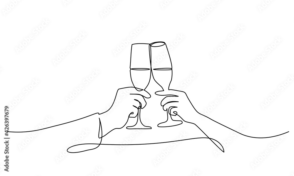 Two hands cheering with glasses of wine champagne One line Stock Vector ...