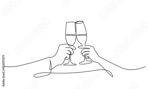 Two hands cheering with glasses of wine champagne One line