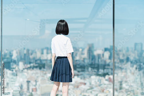 Tapety artystyczne 展望台にいる女子学生