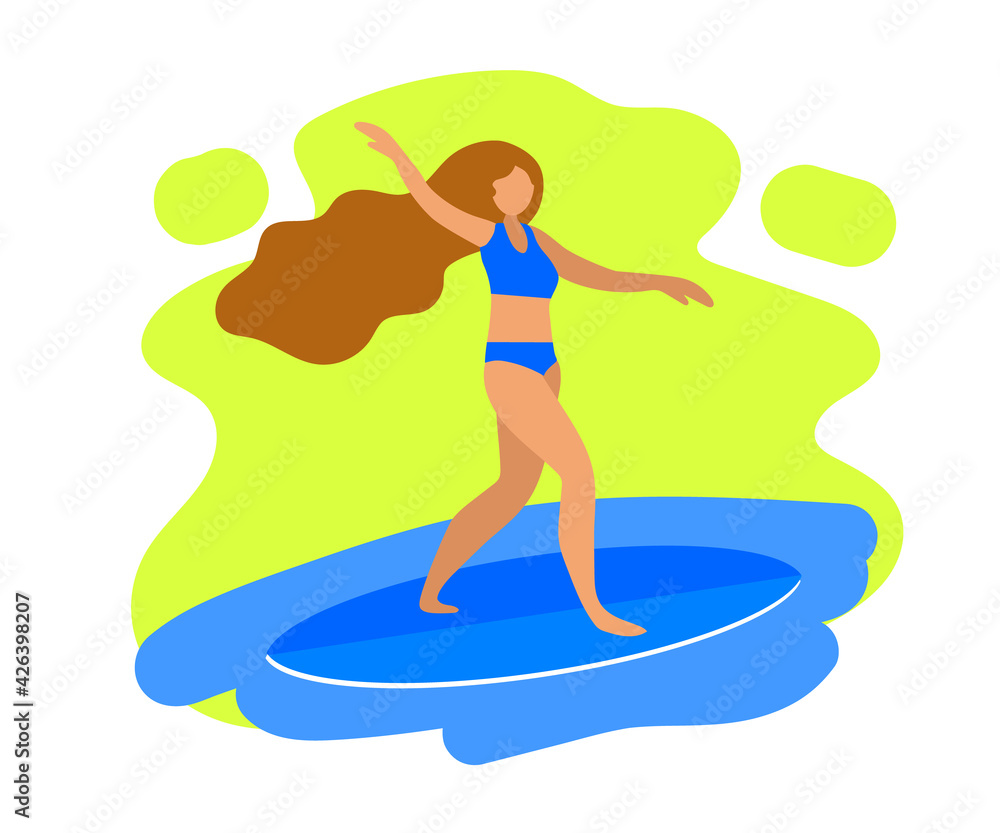 Happy woman stands on a surfboard. Cartoon. Vector illustration.