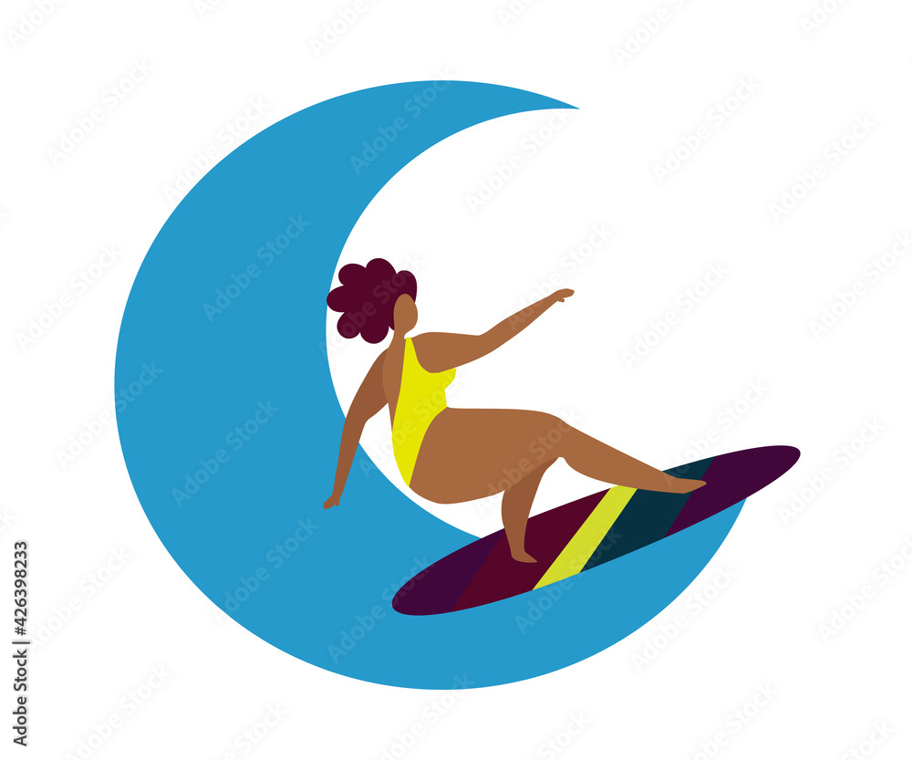 A woman is standing on a surfboard. Cartoon. Vector illustration.