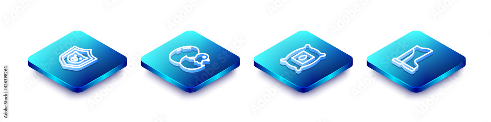 Set Isometric line Shield with pig, Little chick in cracked egg, Pack full of seeds of plant and Waterproof rubber boot icon. Vector Set Isometric line Shield with pig, Little chick in cracked egg, Pack full of seeds of plant and Waterproof rubber boot icon. Vector