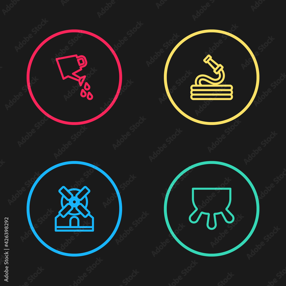Set line Windmill, Udder, Garden hose and Watering can icon. Vector Set line Windmill, Udder, Garden hose and Watering can icon. Vector