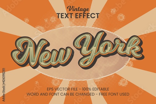 Vintage, retro text effect with new york text title. Editable 70s and 80s text, sunbrust with halftone background.