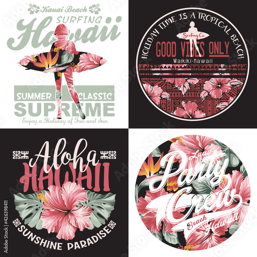 Hawaiian surfing girl and hibiscus flowers vector print collection for girl woman summer shirt