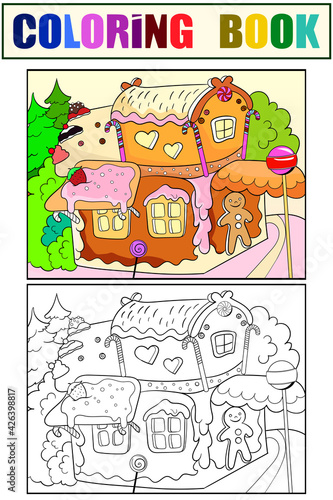 Gingerbread house in the woods. Dessert building. Set of coloring book and color picture.