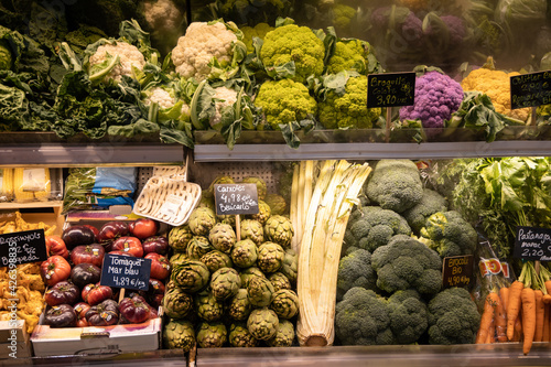 Photography Vegetables stall in the marketplace in Barcelona, grocery store retail refrigera