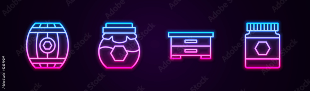 Set line Wooden barrel with honey, Jar of, Hive for bees and . Glowing neon icon. Vector Set line Wooden barrel with honey, Jar of, Hive for bees and . Glowing neon icon. Vector