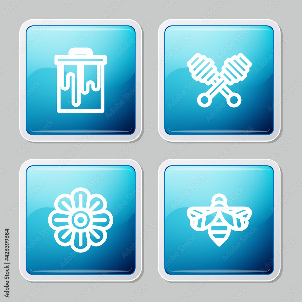 Set line Honeycomb, dipper stick, Flower and Bee icon. Vector Set line Honeycomb, dipper stick, Flower and Bee icon. Vector