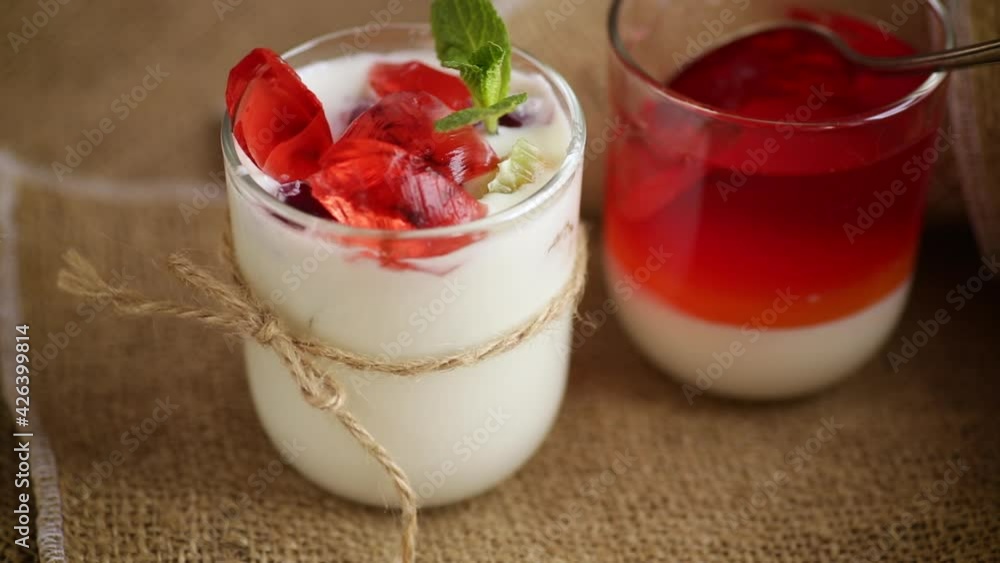 homemade sweet yogurt with fruit jelly pieces homemade sweet yogurt with fruit jelly pieces
