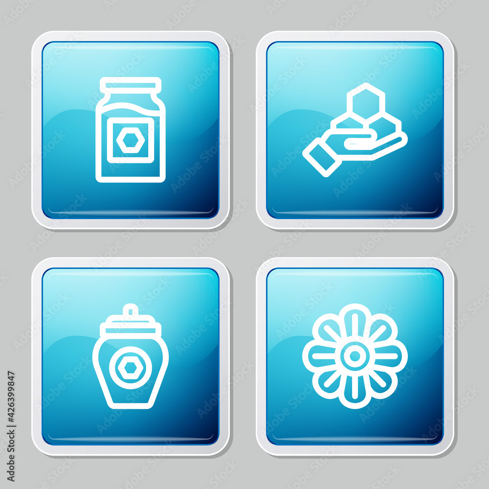 Set line Jar of honey, Honeycomb and hand, and Flower icon. Vector Set line Jar of honey, Honeycomb and hand, and Flower icon. Vector