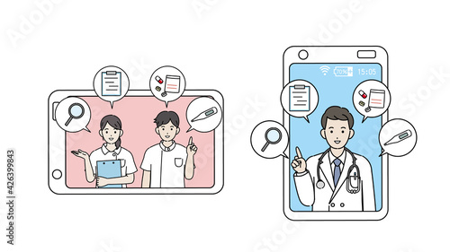 オンライン診療　医者　診察　説明　スマートフォン　イラスト素材