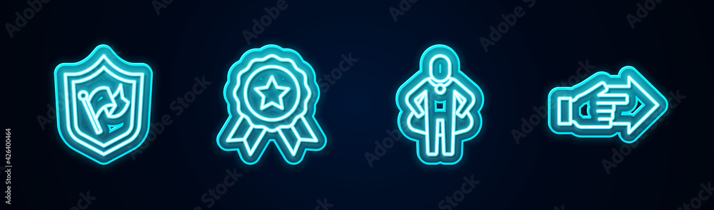 Set line Shield with flag, Medal, Head hunting and Hand pointing finger. Glowing neon icon. Vector Set line Shield with flag, Medal, Head hunting and Hand pointing finger. Glowing neon icon. Vector