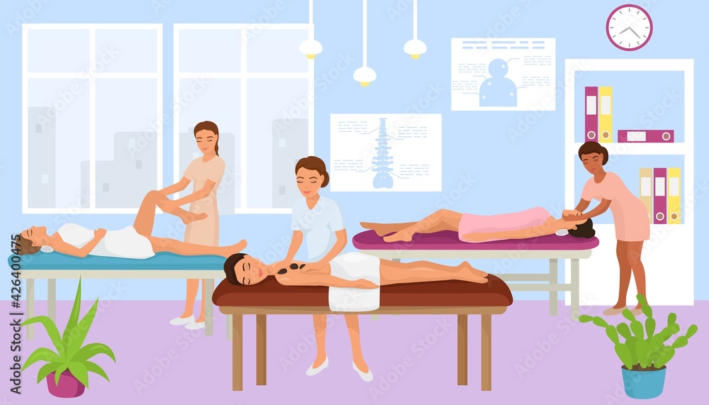 Fototapeta premium Massage therapist cabinet, massaging woman relax at table, vector illustration. Leisure in salon, body treatment with spa care.