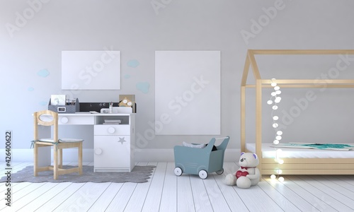 Kids Room, Play house, kids furniture with toy and frame mockup © Microstocke