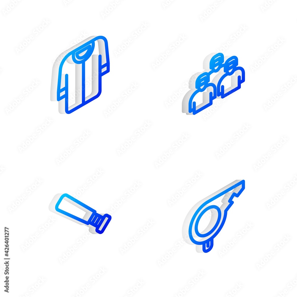 Set Isometric line Team of baseball players, Baseball t-shirt, bat and Whistle icon. Vector Set Isometric line Team of baseball players, Baseball t-shirt, bat and Whistle icon. Vector