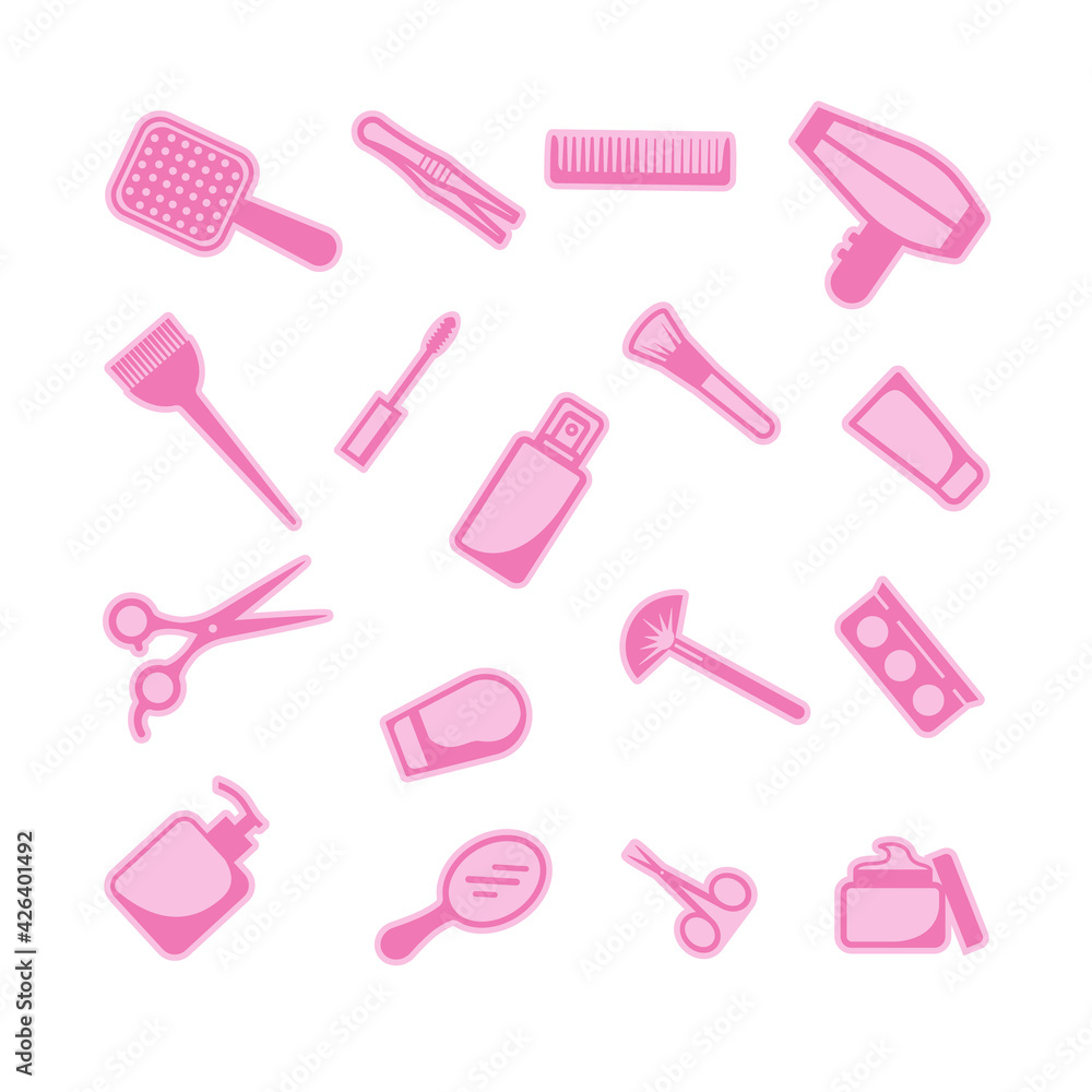Set of cosmetics and accessories isolated on a white background. Pink icons in flat style. Stock vector illustration. Set of cosmetics and accessories isolated on a white background. Pink icons in flat style. Stock vector illustration.