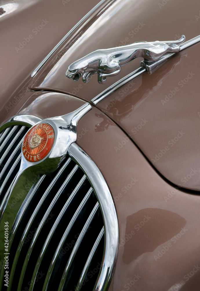 Vintage Jaguar car with the famous Leaping Jaguar logo hood ornament