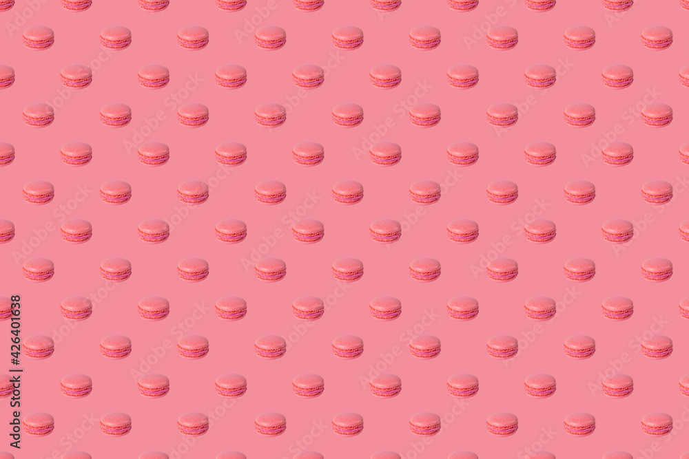 seamless pattern. pink macaroon pattern on a pink background. French almond cookies dessert, top view. Wrapping paper, poster, greeting card, cover seamless pattern. pink macaroon pattern on a pink background. French almond cookies dessert, top view. Wrapping paper, poster, greeting card, cover