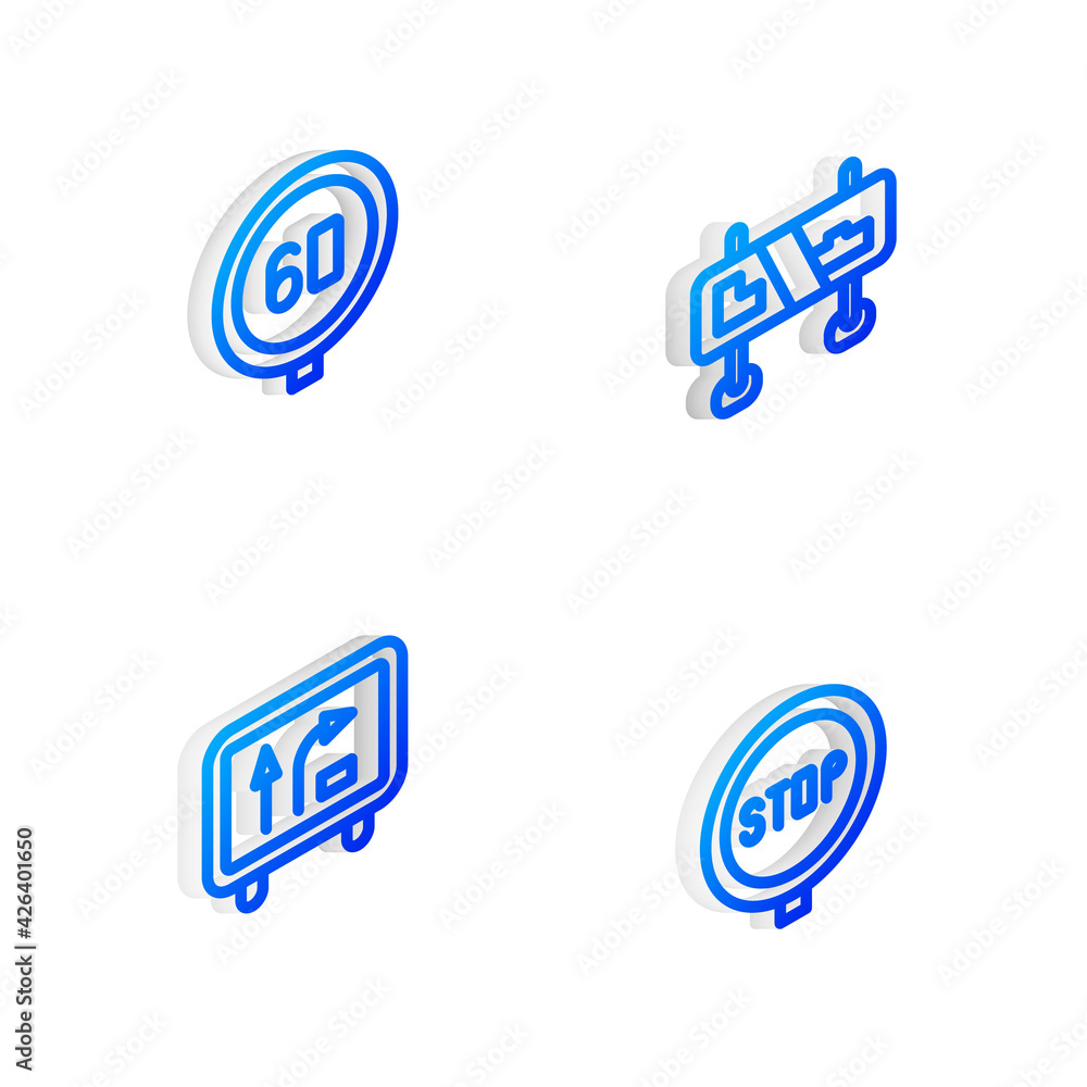 Set Isometric line Road traffic sign, Speed limit, and Stop icon. Vector Set Isometric line Road traffic sign, Speed limit, and Stop icon. Vector