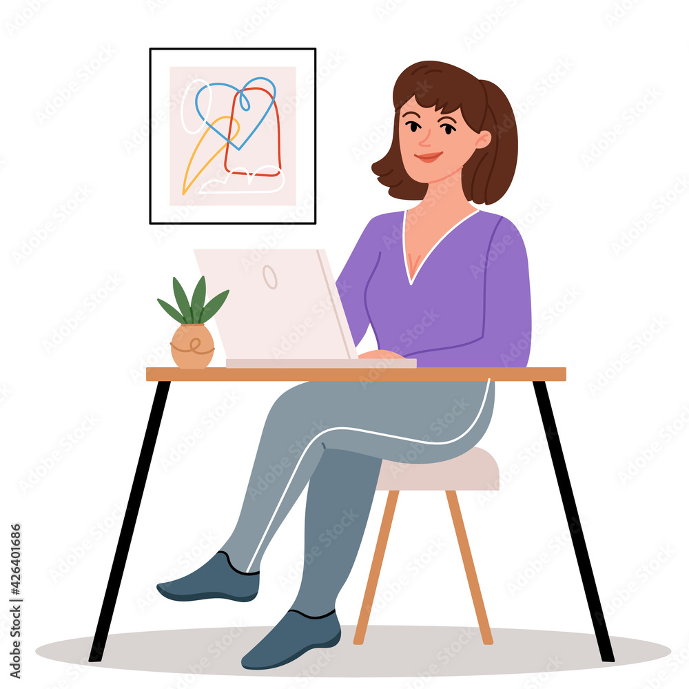 Girl sitting at a laptop in a cozy and modern home office. Favorite work from home.The daily life of the freelance worker, everyday routine. Girl sitting at a laptop in a cozy and modern home office. Favorite work from home.The daily life of the freelance worker, everyday routine.