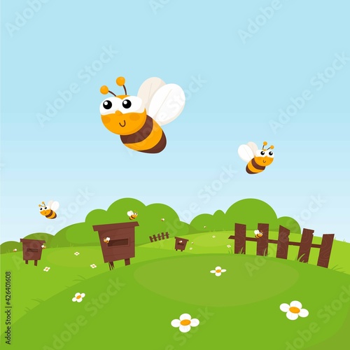 сute illustration for the children. bees fly over the field. house in the grass. flowers grow in the meadow. © avoridana