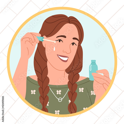 Girl in front of the mirror, applying serum. Female enjoying skin care use organic cosmetics isolated on white. Natural cleansing product.Daily beaty routine and skin care at home.