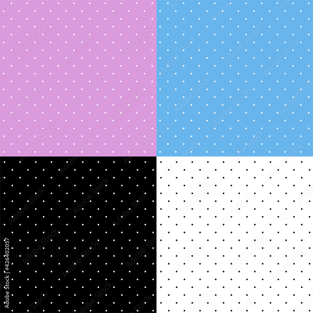 Set of 4 seamless polka dots patterns, different colors. Swatches included. 